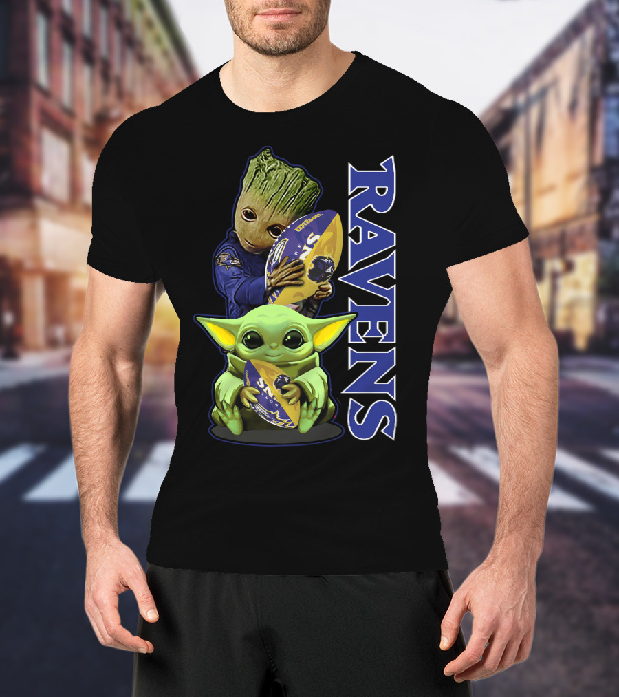 Grzd Baltimore Ravens Baby Yoda And Groot Ravens Football T-Shirt