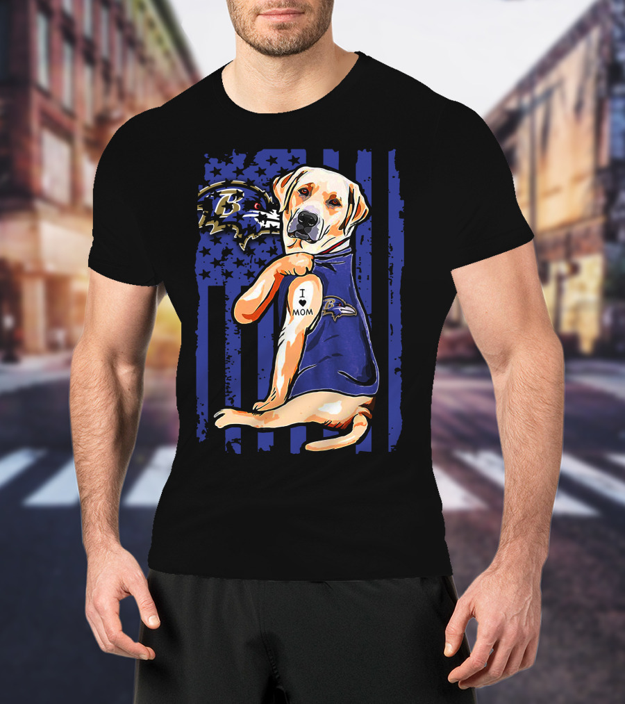 Labrador Retriever In Baltimore Ravens Jersey With I Love Mom Tattoo T-Shirt