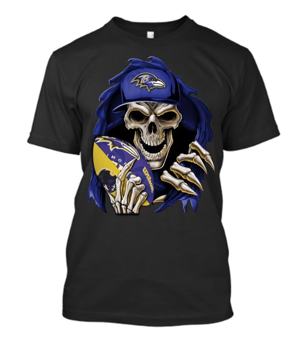 Skullbong Baltimore Ravens Skeleton Holding Football T-Shirt