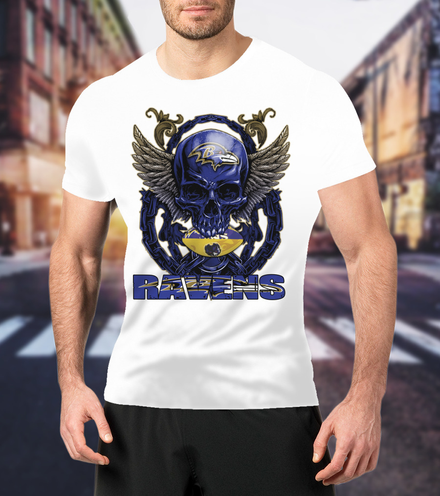Baltimore Ravens Skullfb Winged Skull Chain T-Shirt