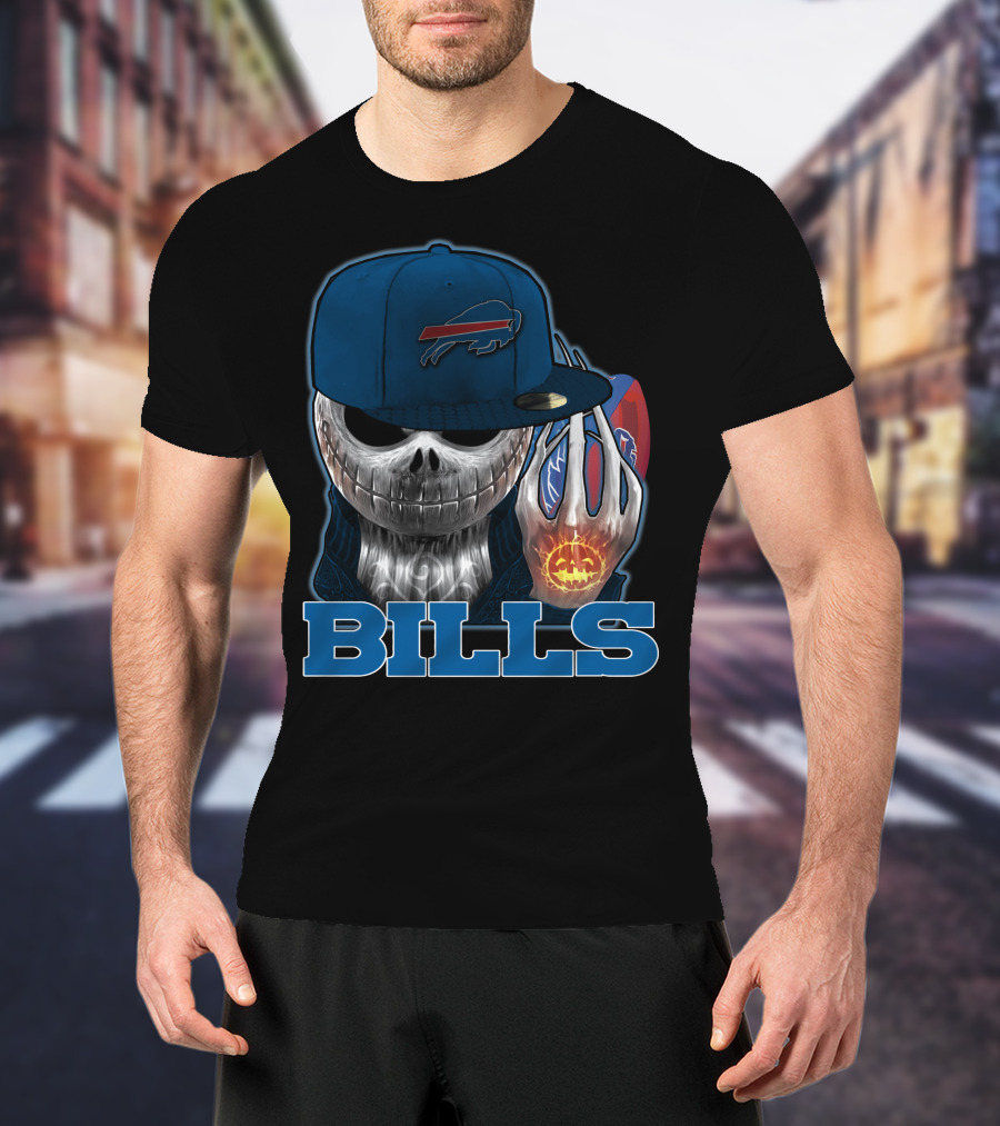 Buffalo Bills Halloween Skull With Pumpkin And Cap T-Shirt