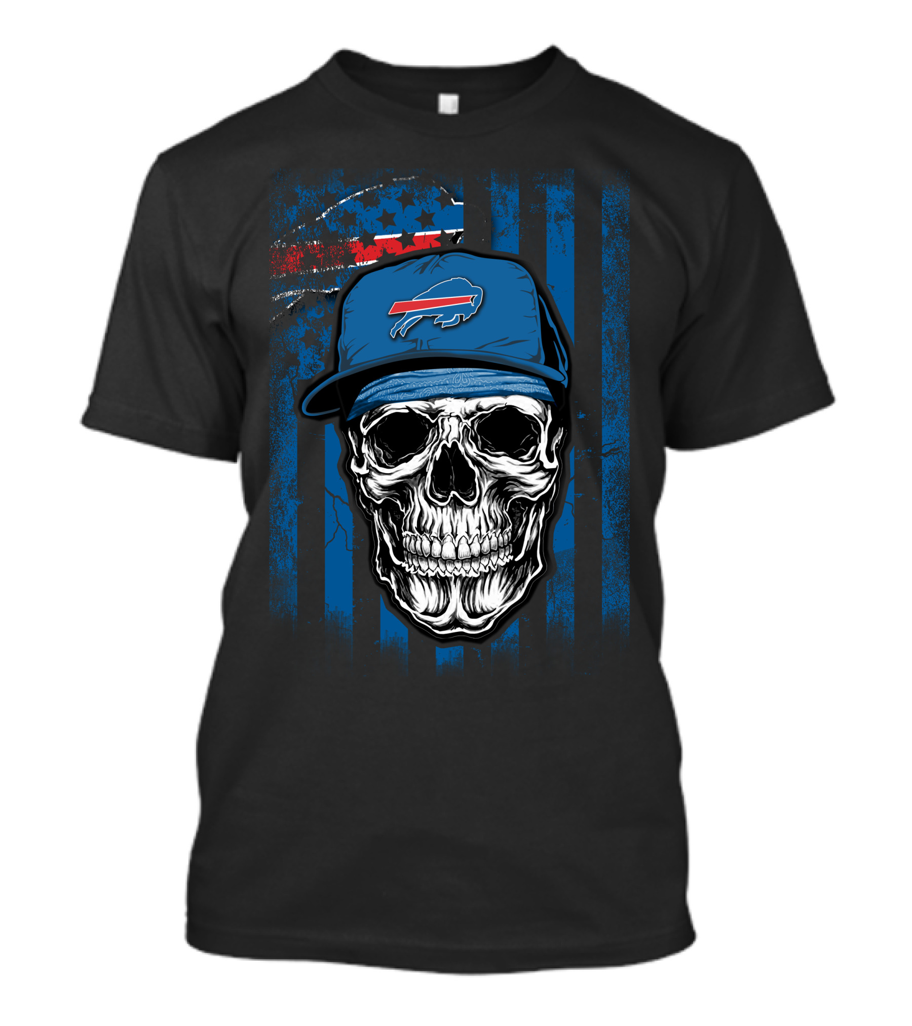 Buffalo Bills Skull With Cap American Flag Background T-Shirt
