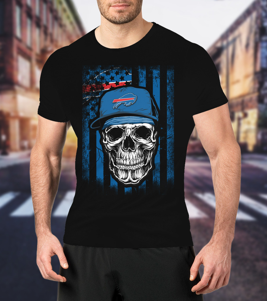 Buffalo Bills Skull With Cap American Flag Background T-Shirt