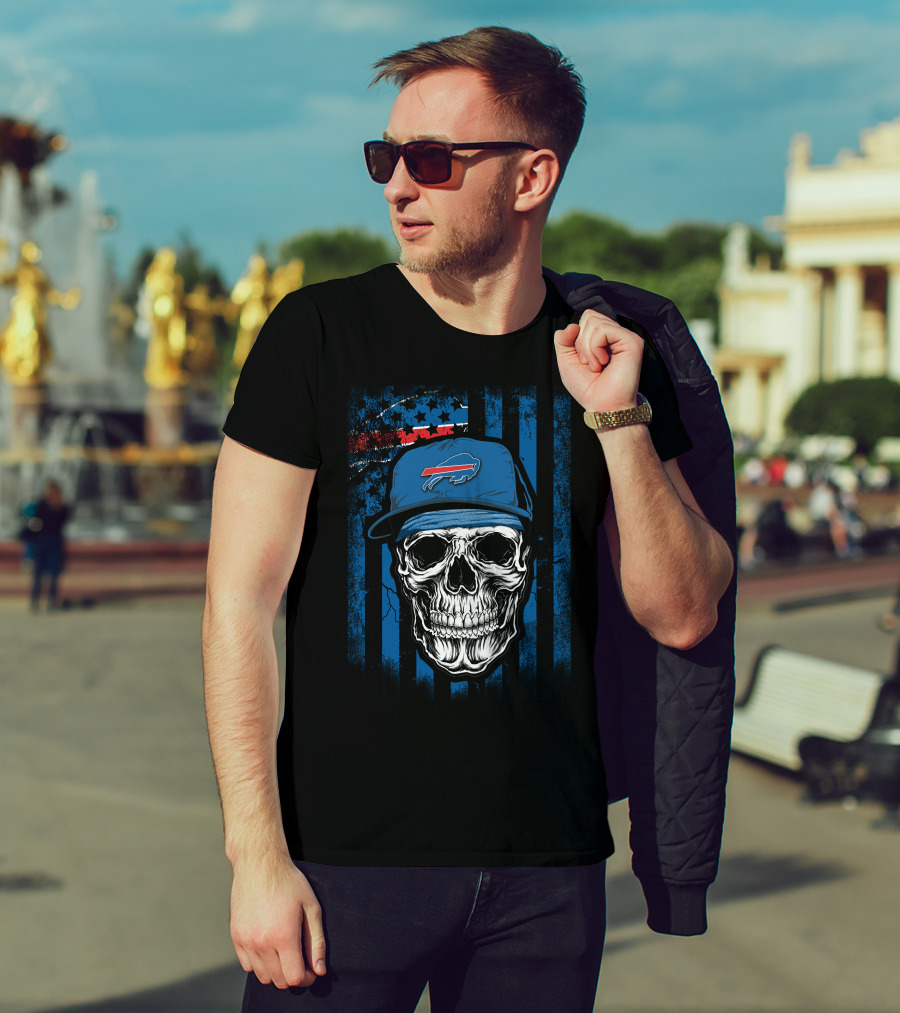 Buffalo Bills Skull With Cap American Flag Background T-Shirt