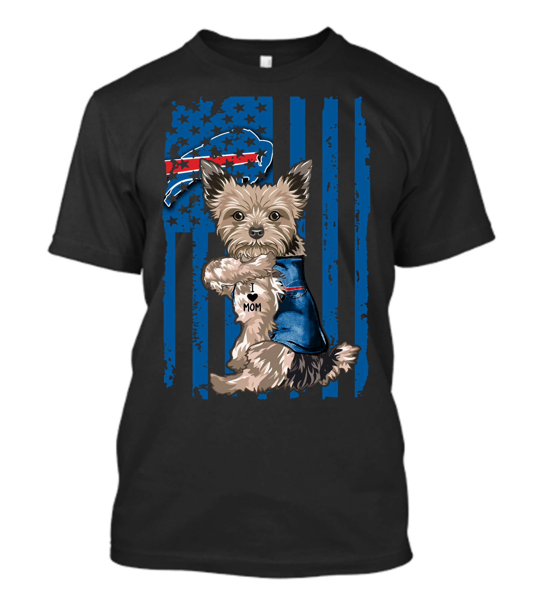 Yorkshire Terrier With I Love Mom Vest And Buffalo Bills Logo On American Flag Background T-Shirt