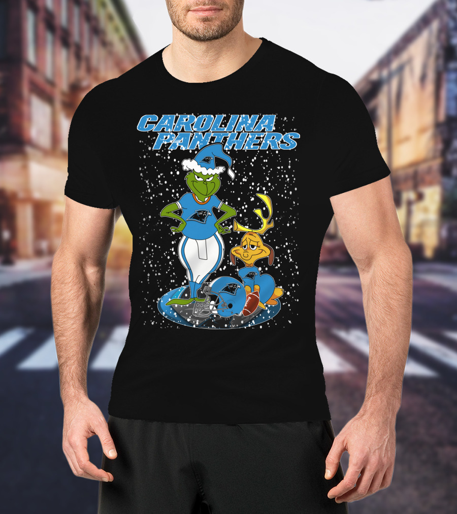 CAROLINA PANTHERS Grinch Christmas Snow Scene With Grinch And Max T-Shirt