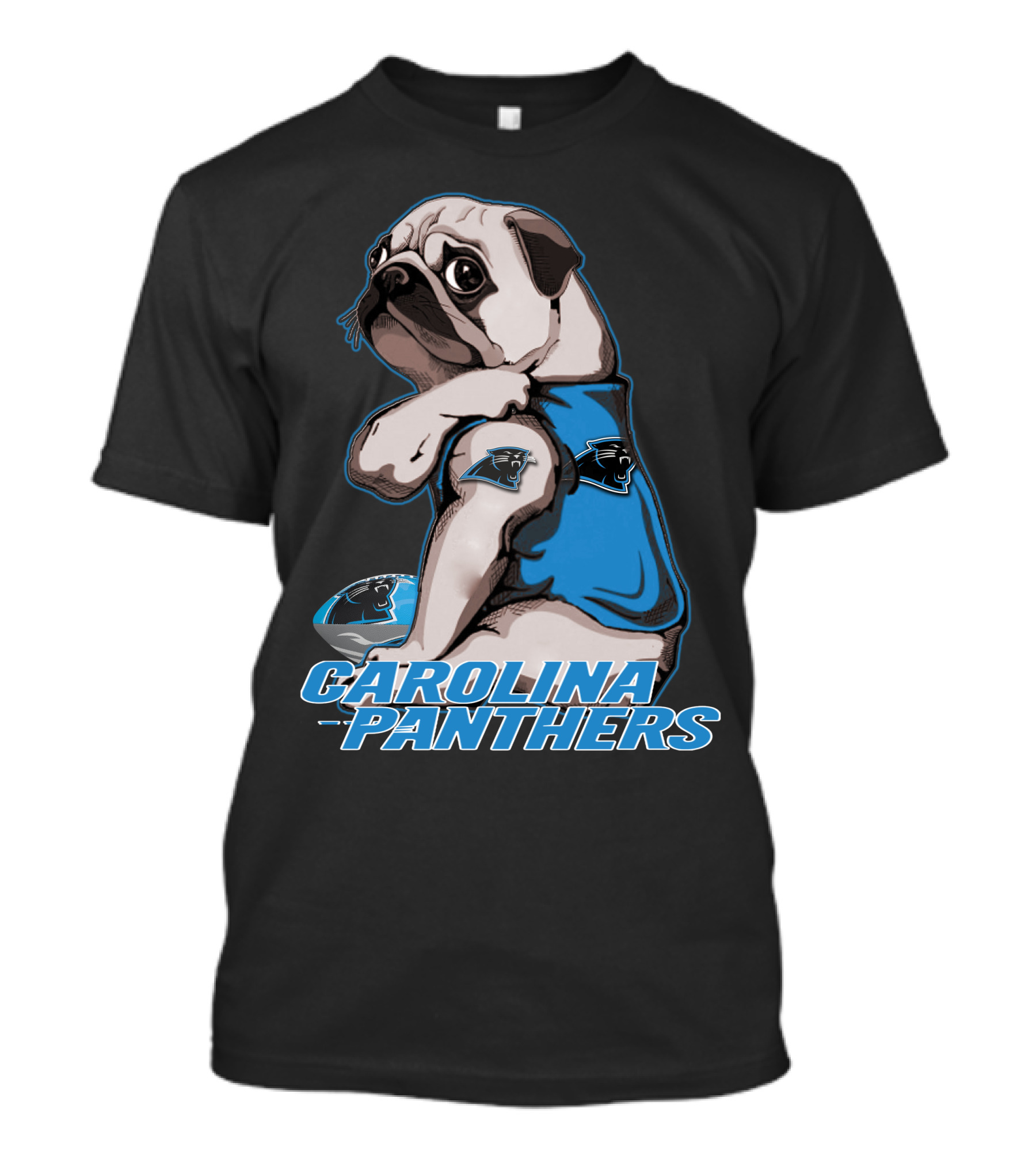 Pug Wearing Carolina Panthers Jersey With Football And Team T-Shirt