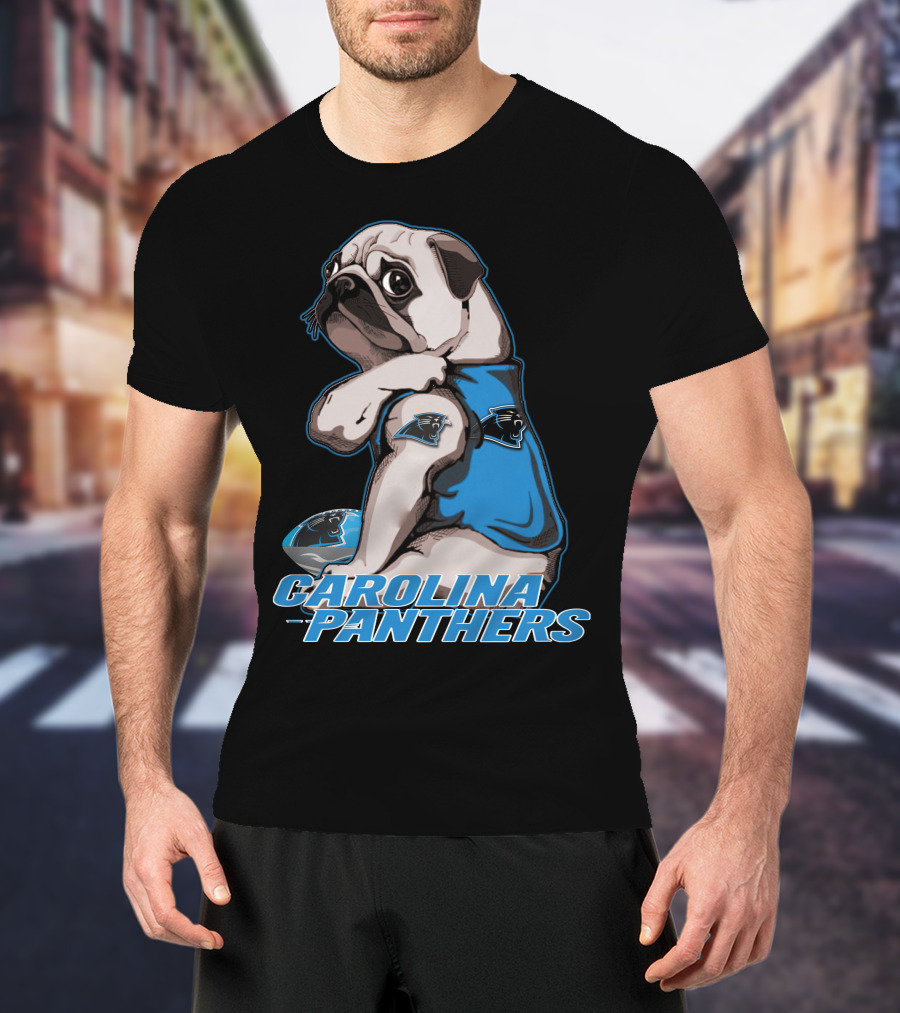 Pug Wearing Carolina Panthers Jersey With Football And Team T-Shirt