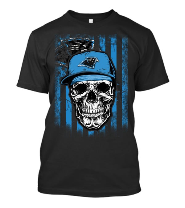 Skull Wearing Carolina Panthers Hat With Blue And Black Stripes T-Shirt