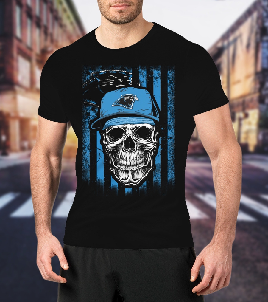 Skull Wearing Carolina Panthers Hat With Blue And Black Stripes T-Shirt