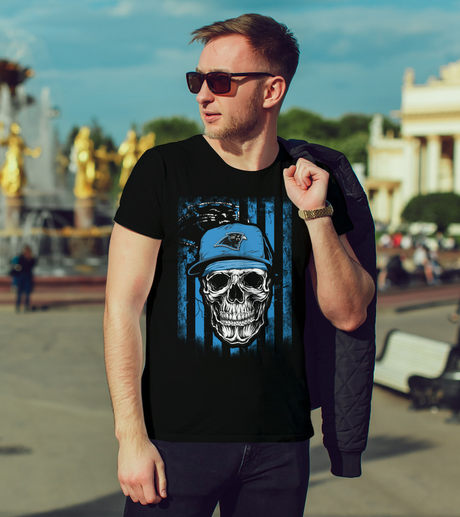 Skull Wearing Carolina Panthers Hat With Blue And Black Stripes T-Shirt