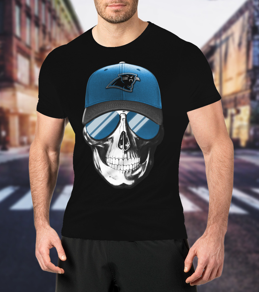 Skull With Blue Hat Featuring Carolina Panthers Logo And Reflective Sunglasses T-Shirt