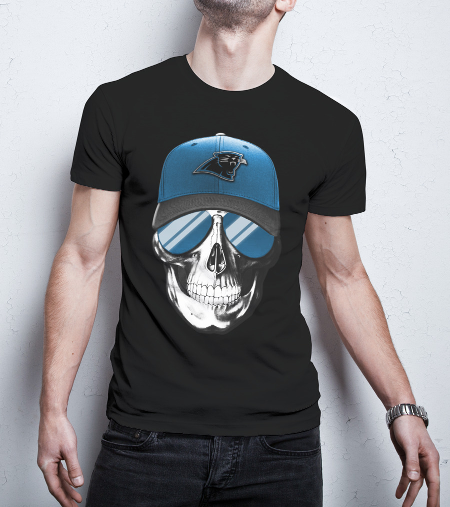 Skull With Blue Hat Featuring Carolina Panthers Logo And Reflective Sunglasses T-Shirt