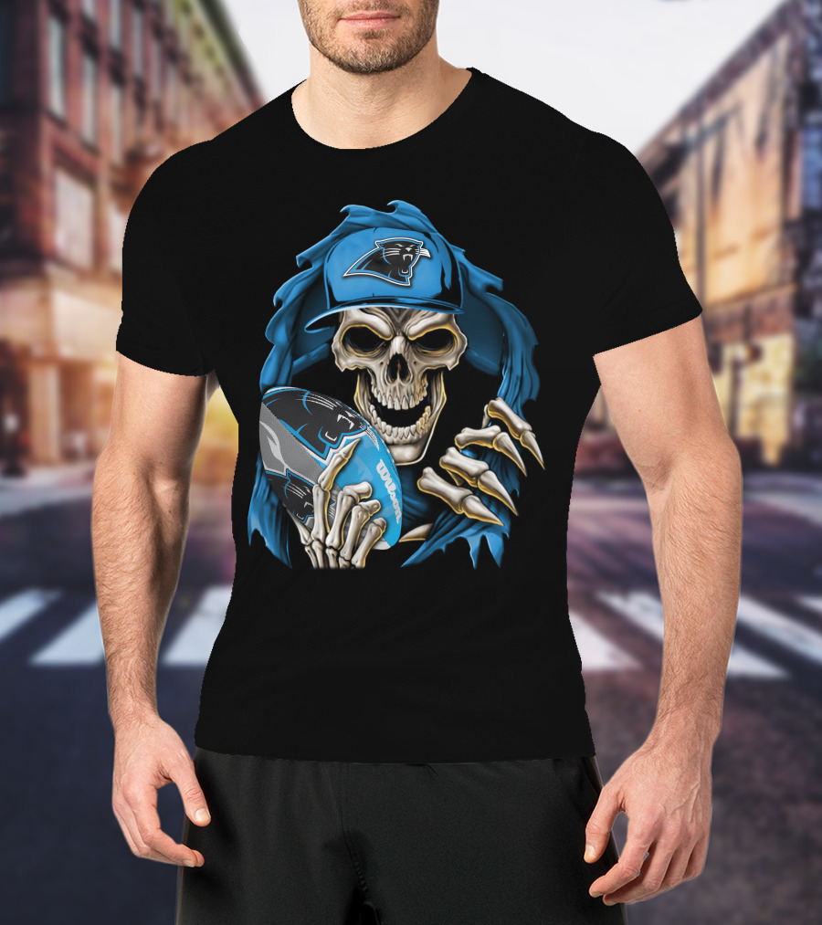 Skullbong Carolina Panthers Football Skeleton With Cap And Ball T-Shirt