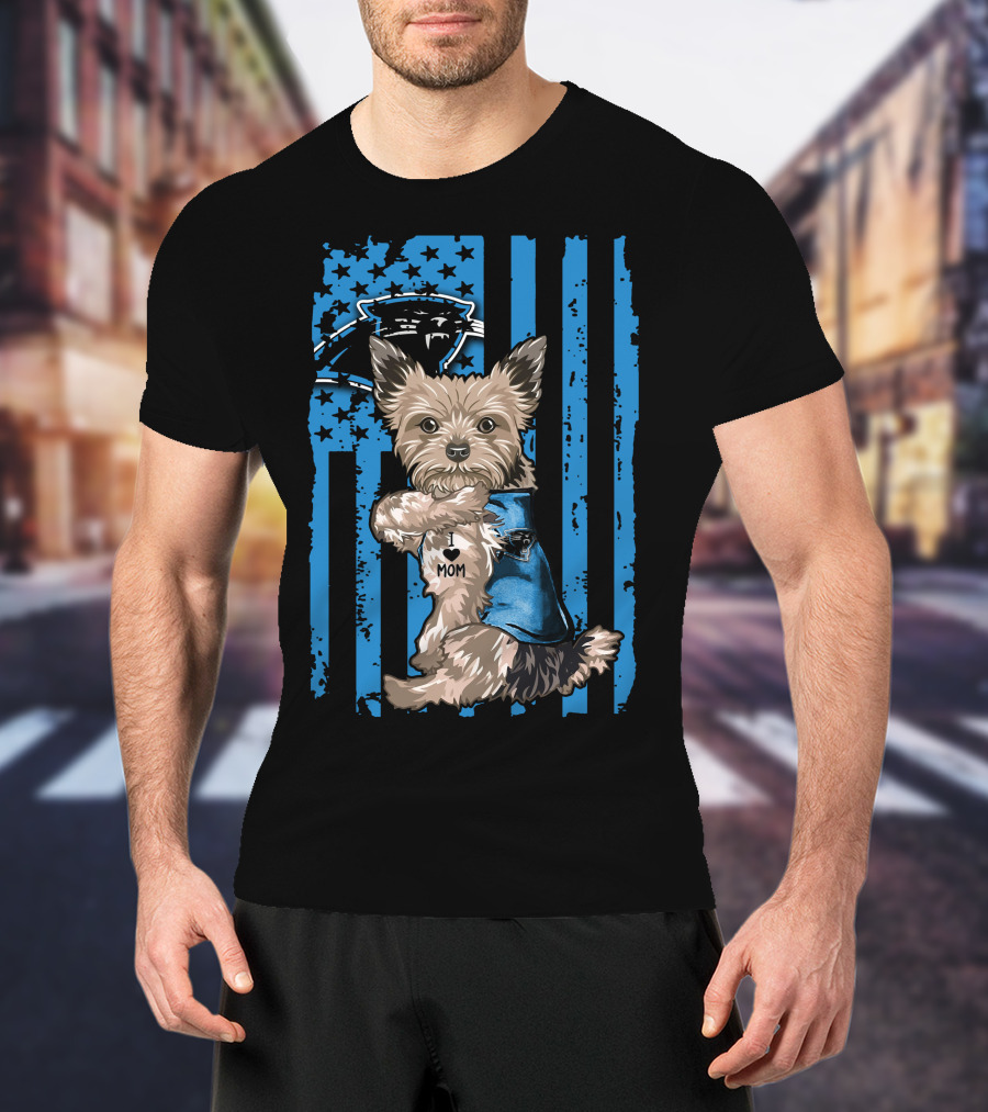 Yorkshire Terrier I Love Mom With Carolina Panthers Flag T-Shirt