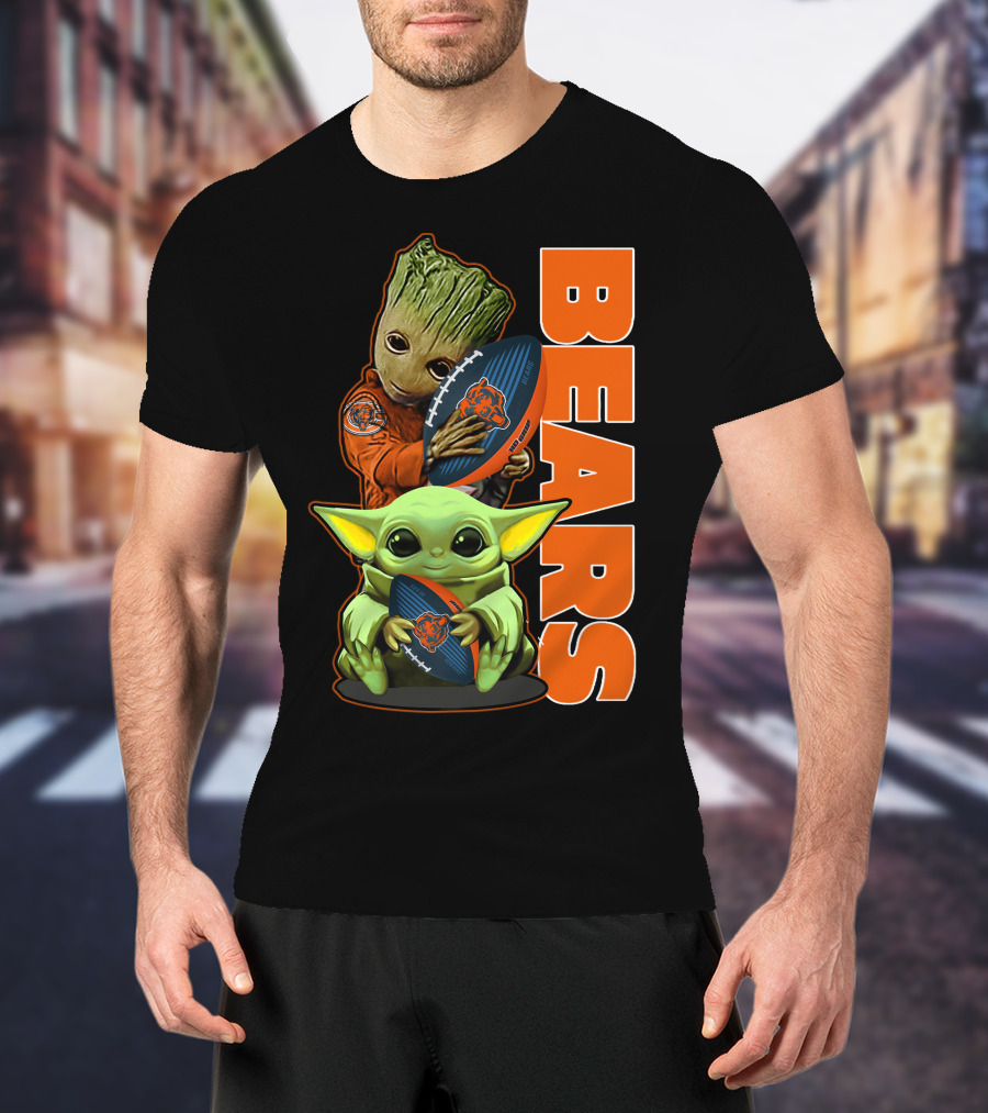 Groot And Baby Yoda Holding Chicago Bears Football T-Shirt