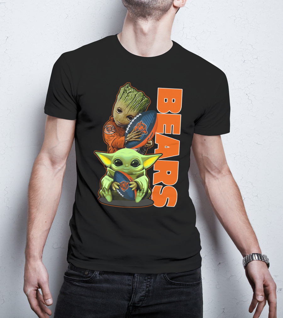 Groot And Baby Yoda Holding Chicago Bears Football T-Shirt