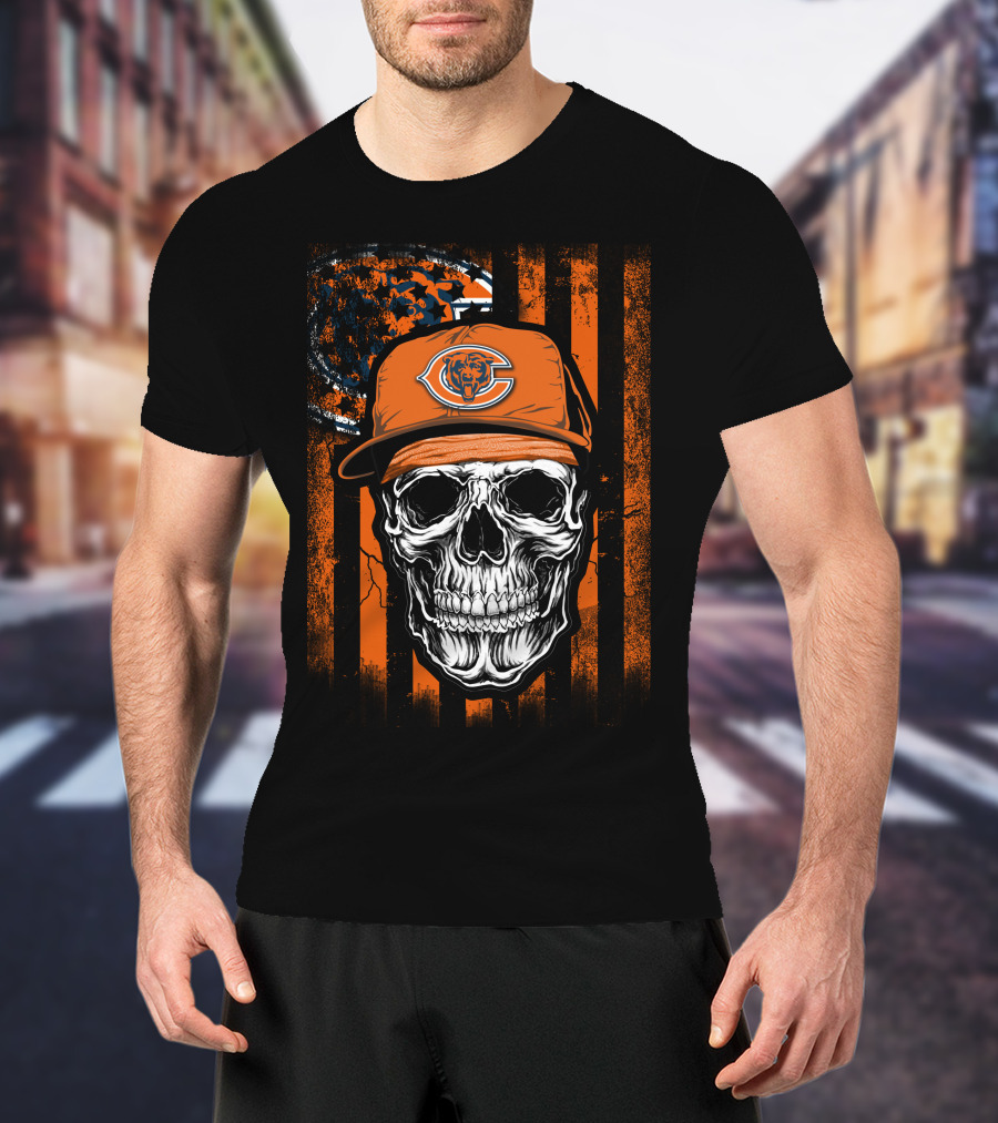 Skull Wearing Chicago Bears Cap With Orange Stripes And Logo Background T-Shirt