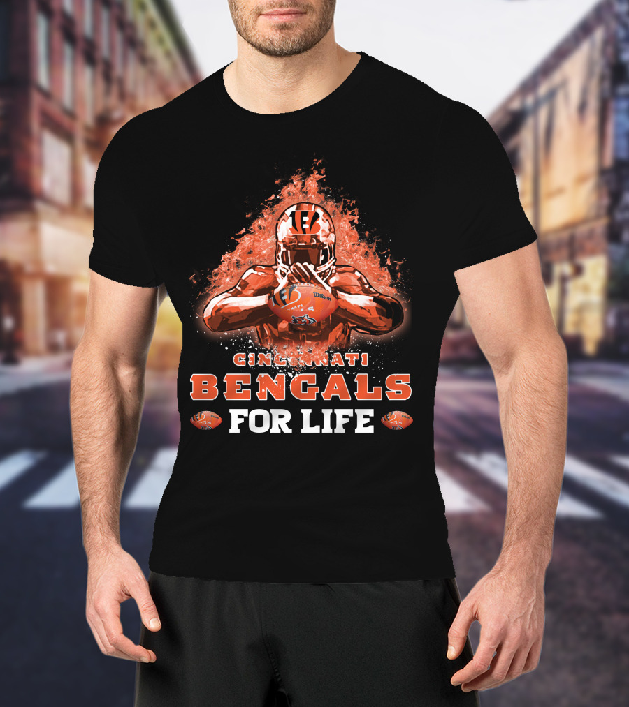 CINCINNATI BENGALS FOR LIFE Football Flame Helmet T-Shirt