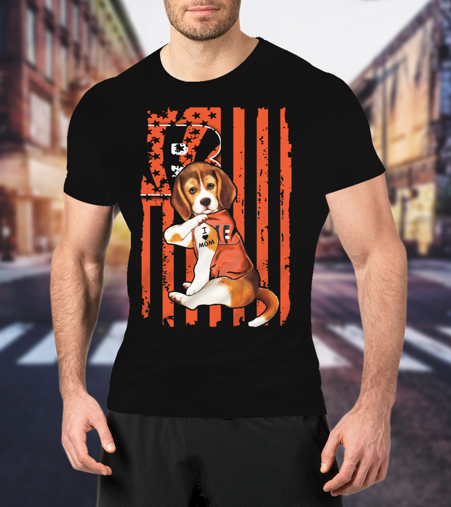 Beagle I Love Mom Cincinnati Bengals Stripes And Stars T-Shirt