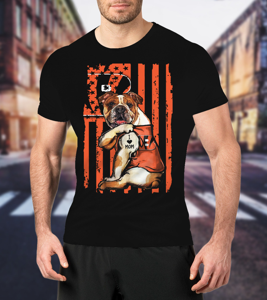 Bulldog Cincinnati Bengals I Love Mom Stripes T-Shirt