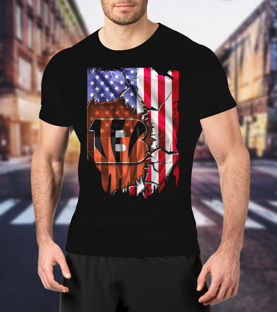 Bengals Stripes And American Flag Cincinnati Bengals 13 T-Shirt