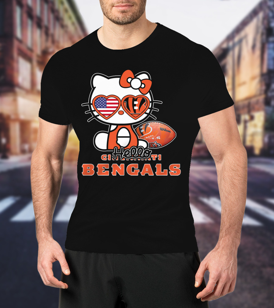 Hello Kitty Cincinnati Bengals Football Heart Glasses USA Flag T-Shirt