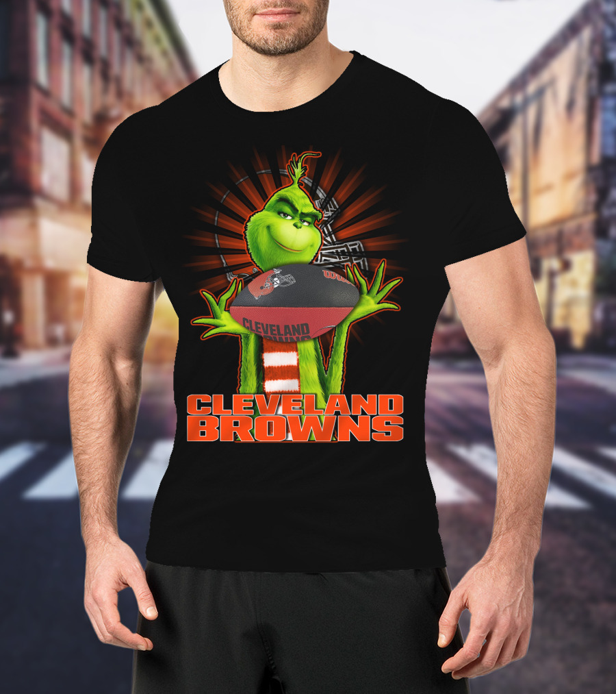 Grinch Holding Cleveland Browns Football Emblem T-Shirt