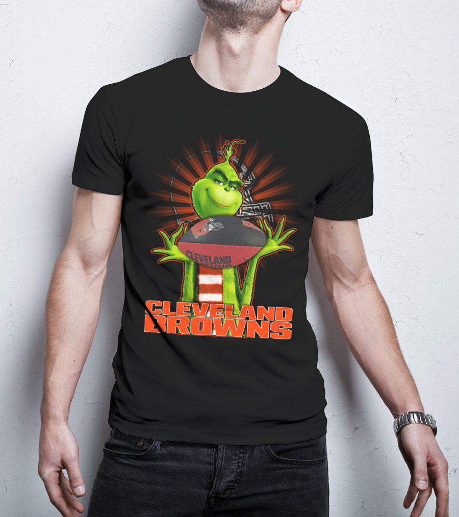 Grinch Holding Cleveland Browns Football Emblem T-Shirt
