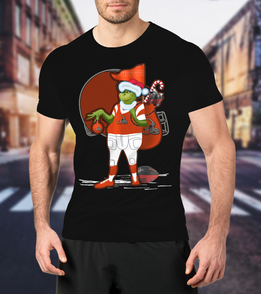 Grinchxmas Cleveland Browns Festive Football Santa With Helmet And Candy Cane T-Shirt