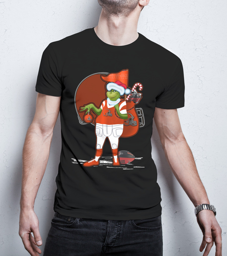 Grinchxmas Cleveland Browns Festive Football Santa With Helmet And Candy Cane T-Shirt