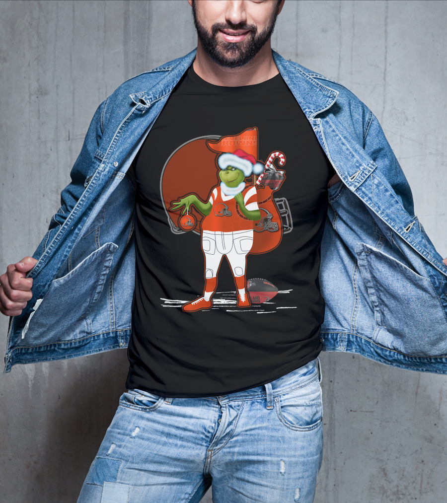 Grinchxmas Cleveland Browns Festive Football Santa With Helmet And Candy Cane T-Shirt