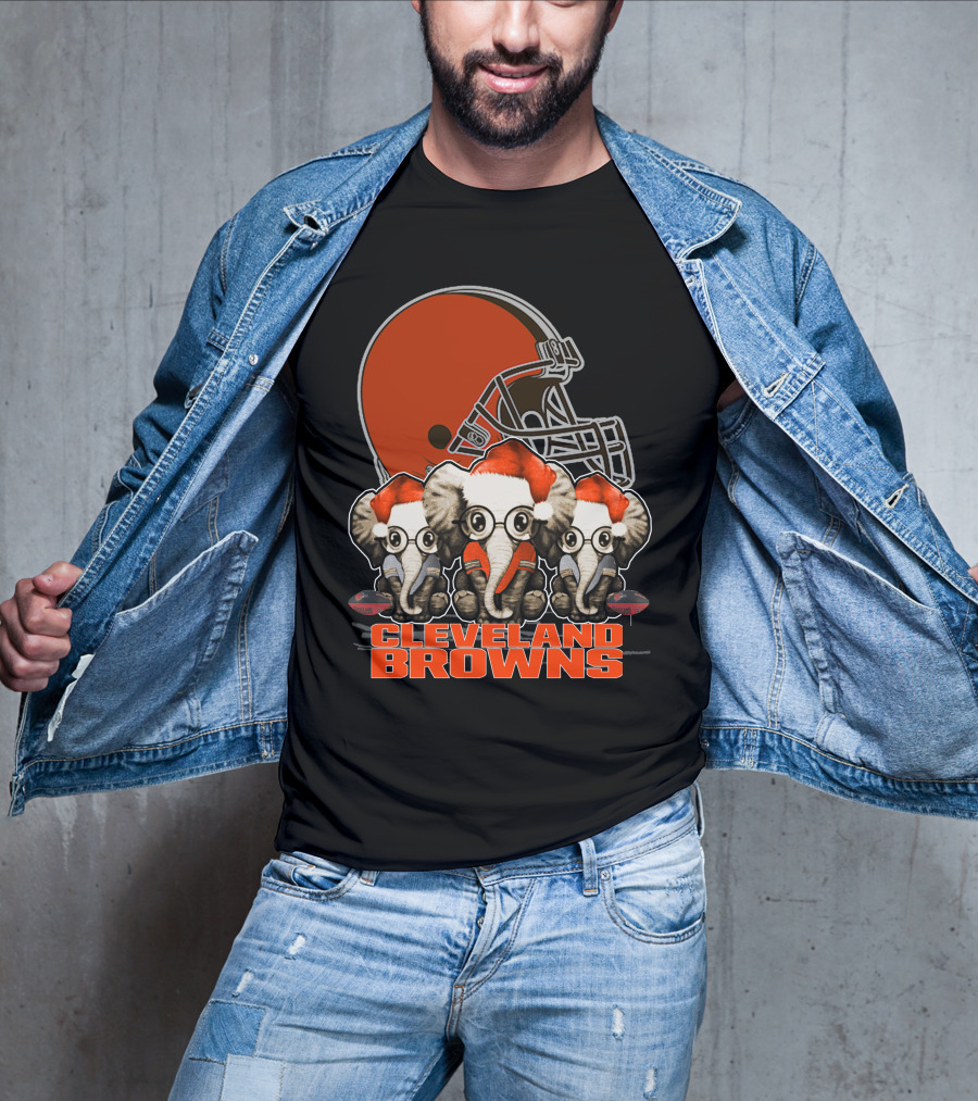 Cleveland Browns Christmas Elephants In Santa Hats Football Helmet T-Shirt