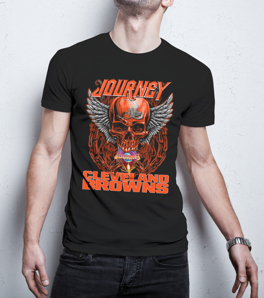 JOURNEY CLEVELAND BROWNS Winged Skull Helmet Flame Chains T-Shirt