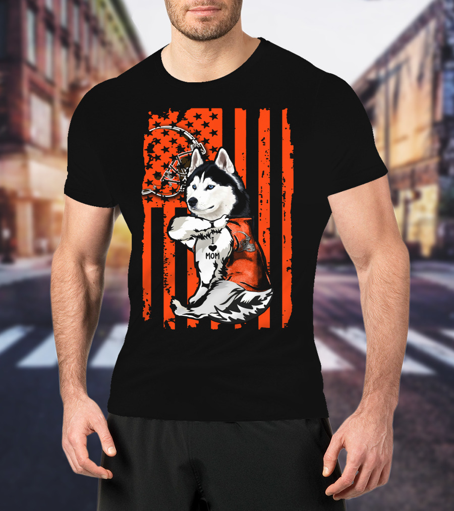Siberian Husky With Football Helmet And Orange Flag Cleveland Browns T-Shirt
