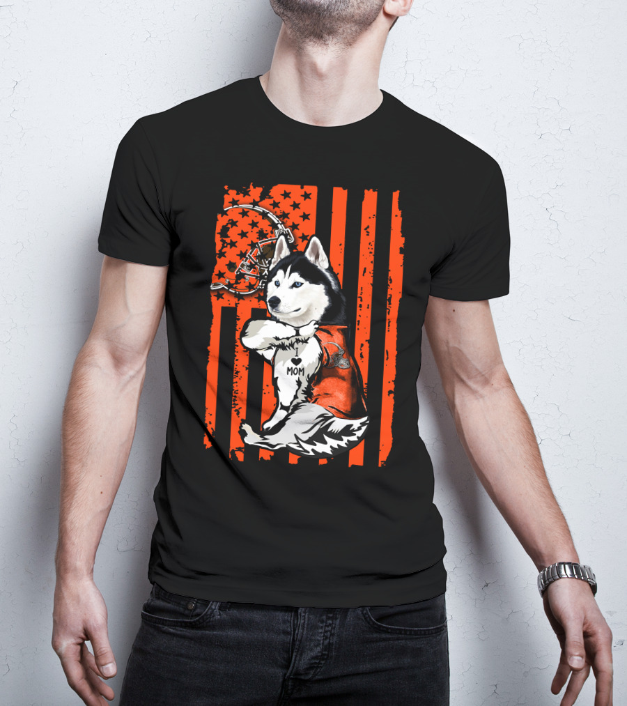 Siberian Husky With Football Helmet And Orange Flag Cleveland Browns T-Shirt