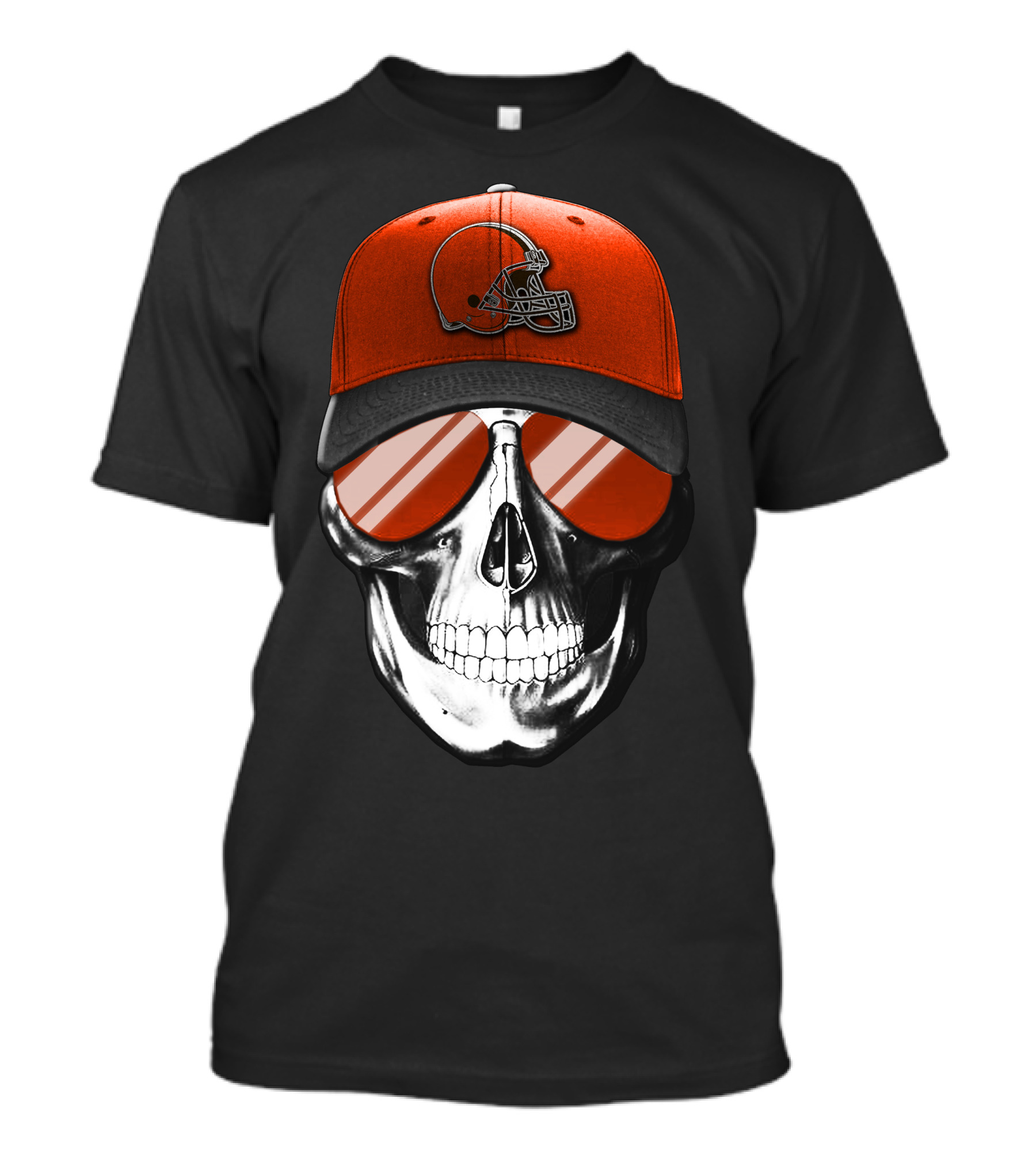 Skull With Cleveland Browns Helmet And Reflective Glasses T-Shirt