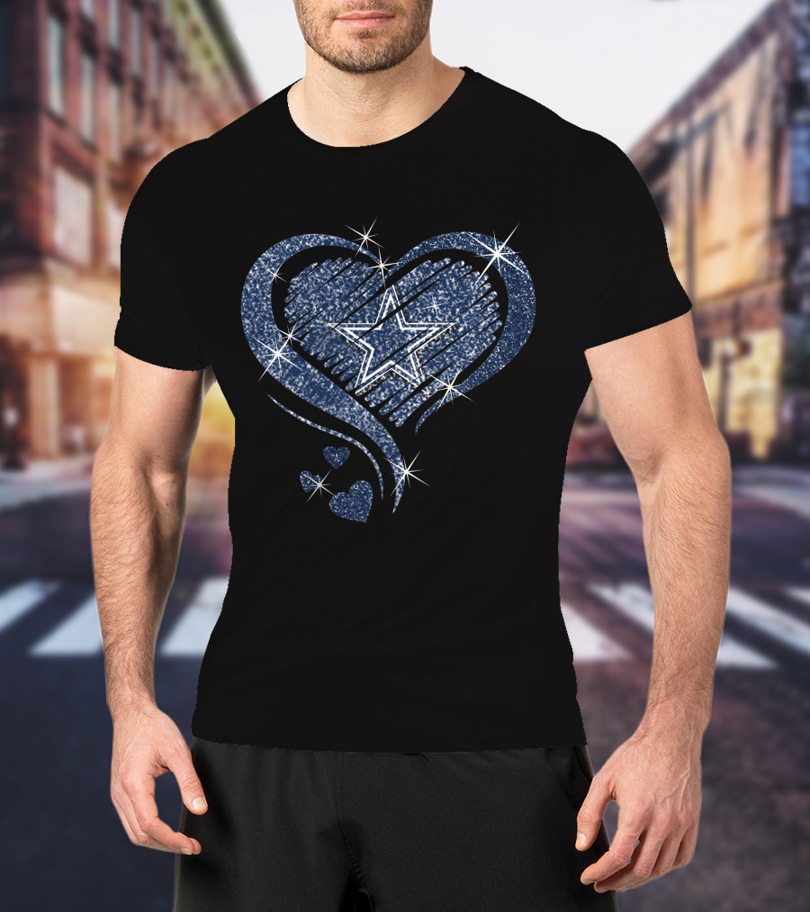 Heart Diamond Dallas Cowboys Sparkling Star And Blue Swirl T-Shirt