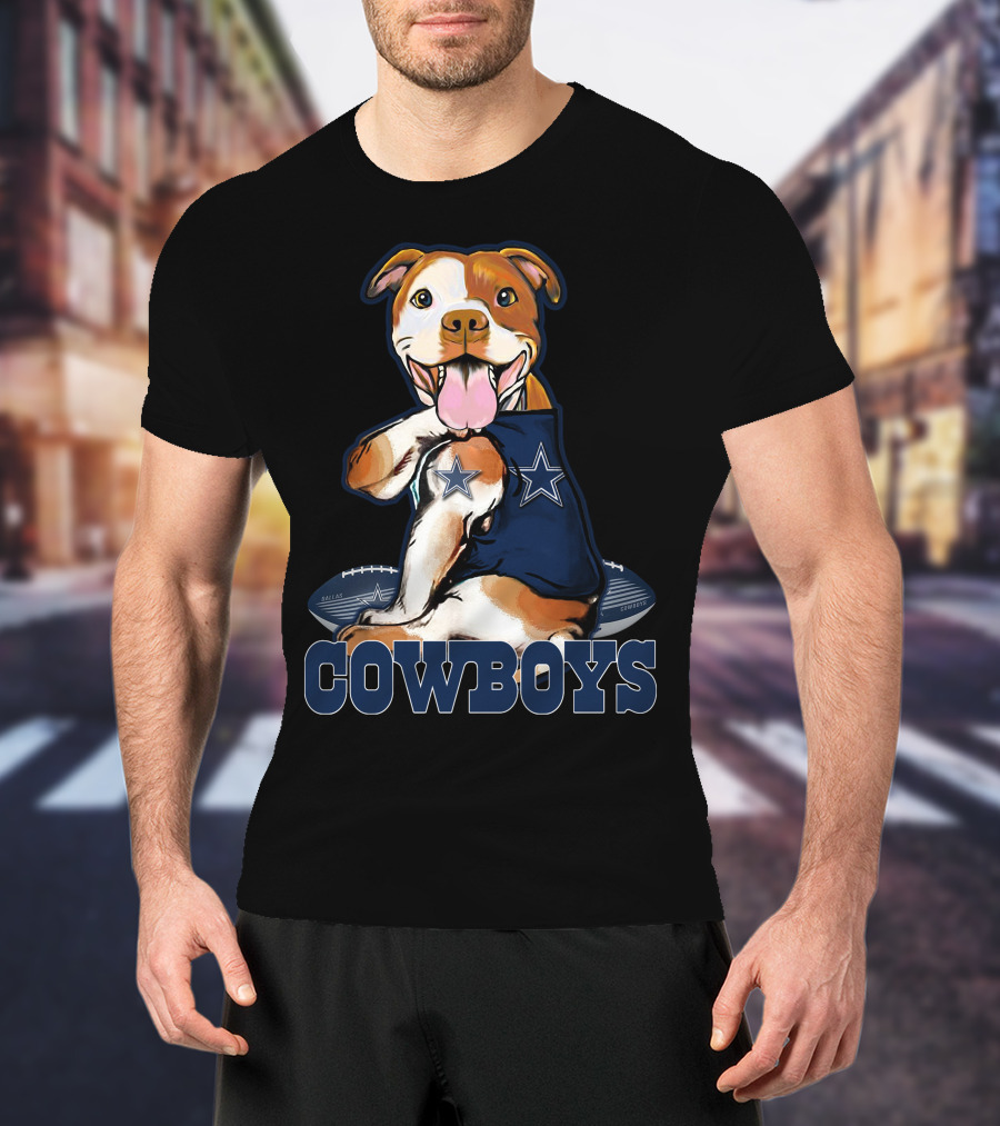 Pittbull Wearing Dallas Cowboys Jersey With Football And Star T-Shirt