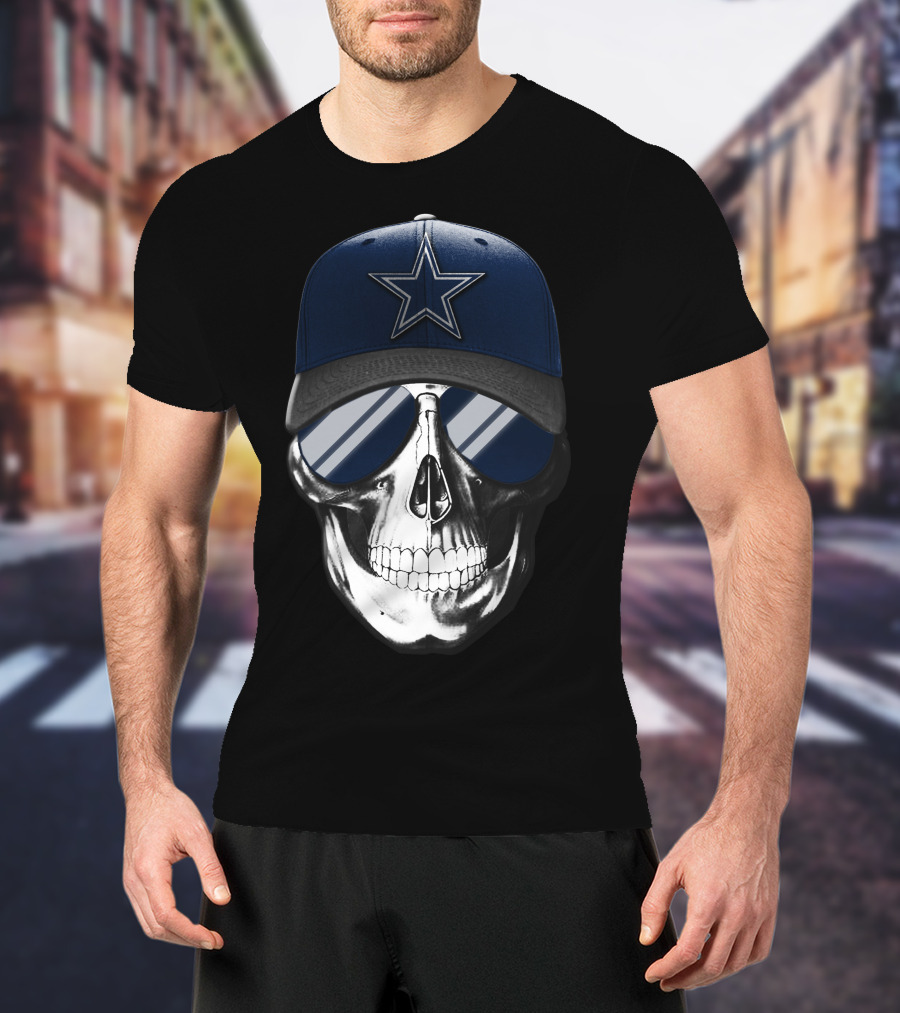 Skull Wearing Dallas Cowboys Hat And Sunglasses T-Shirt