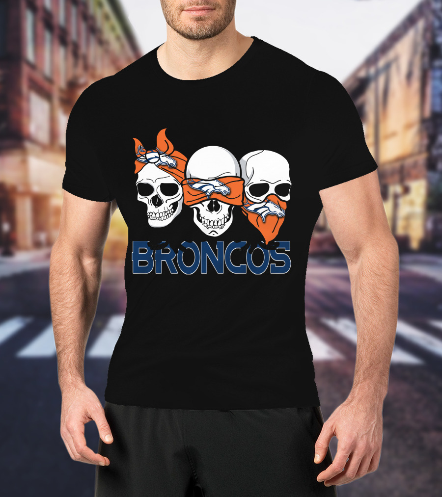 Broncos Three Skulls With Orange Bandanas T-Shirt