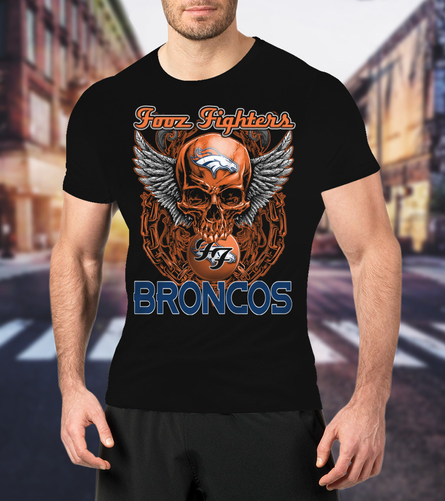 Foo Fighters Denver Broncos Skull Wings Chain Orange T-Shirt