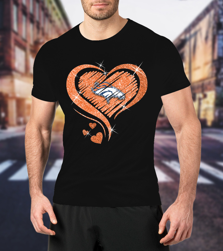 Heart Diamond Denver Broncos Sparkling Orange Emblem T-Shirt