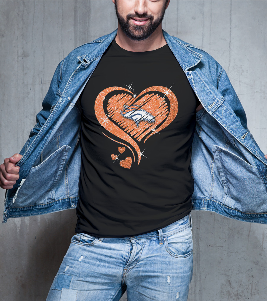 Heart Diamond Denver Broncos Sparkling Orange Emblem T-Shirt