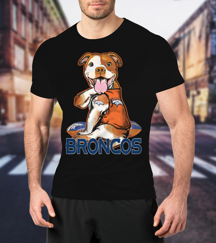 Pittbull Wearing Denver Broncos Jersey With Football And Broncos Text T-Shirt
