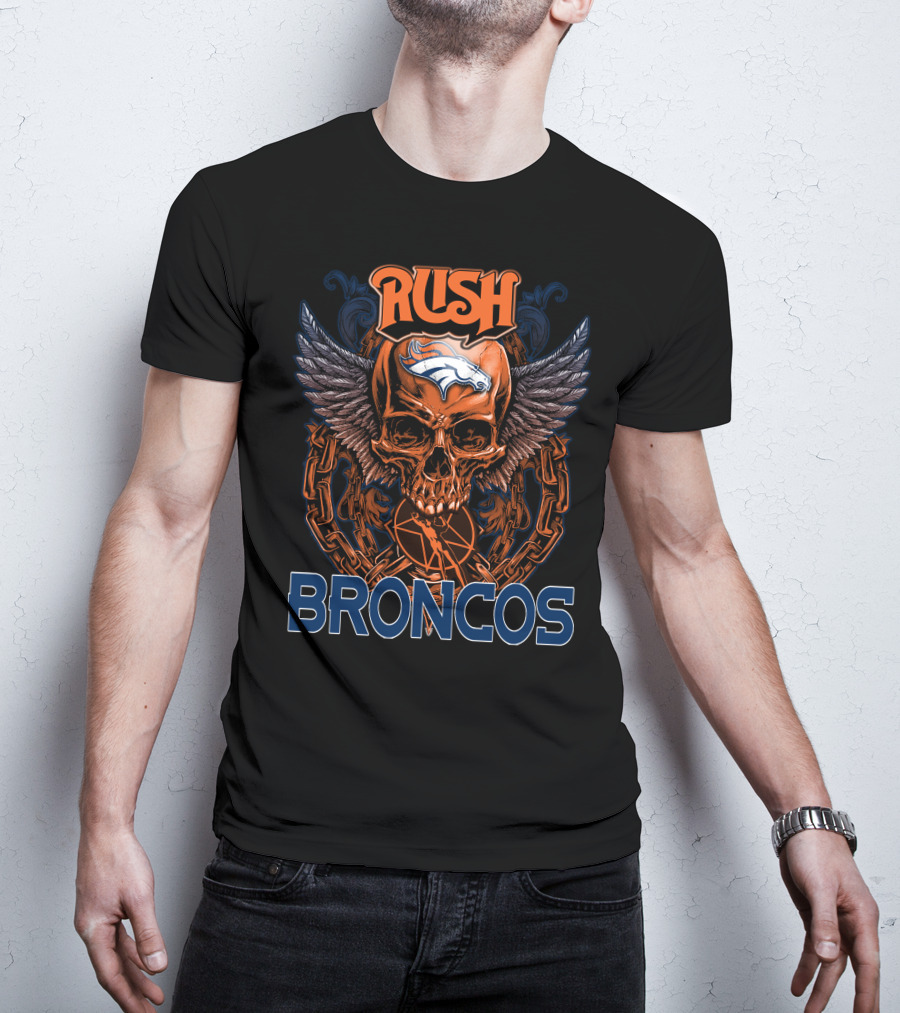 Rush Denver Broncos Skull Graphic With Wings And Chains T-Shirt