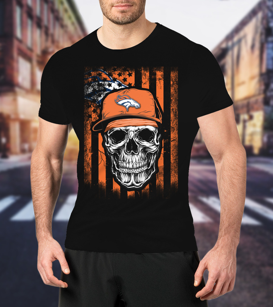Skull Wearing Denver Broncos Cap On Grunge Orange Stripes T-Shirt