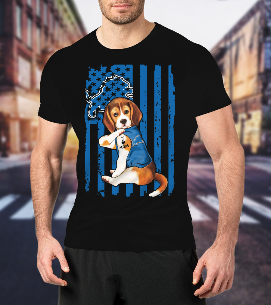 Beagle Detroit Lions I Love Mom Blue Stripes T-Shirt
