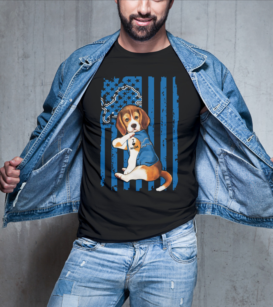 Beagle Detroit Lions I Love Mom Blue Stripes T-Shirt