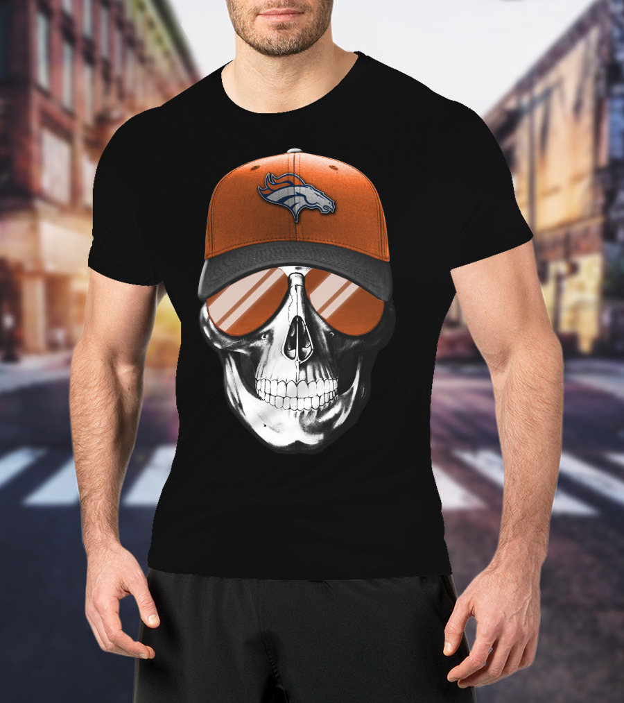 Skull Wearing Denver Broncos Hat And Sunglasses T-Shirt
